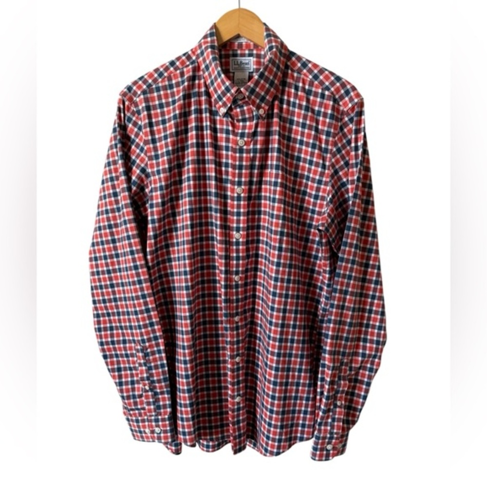 LL Bean Wrinkle Free Slim Fit Shirt L‎ Tall Orange Blue Plaid Button Down